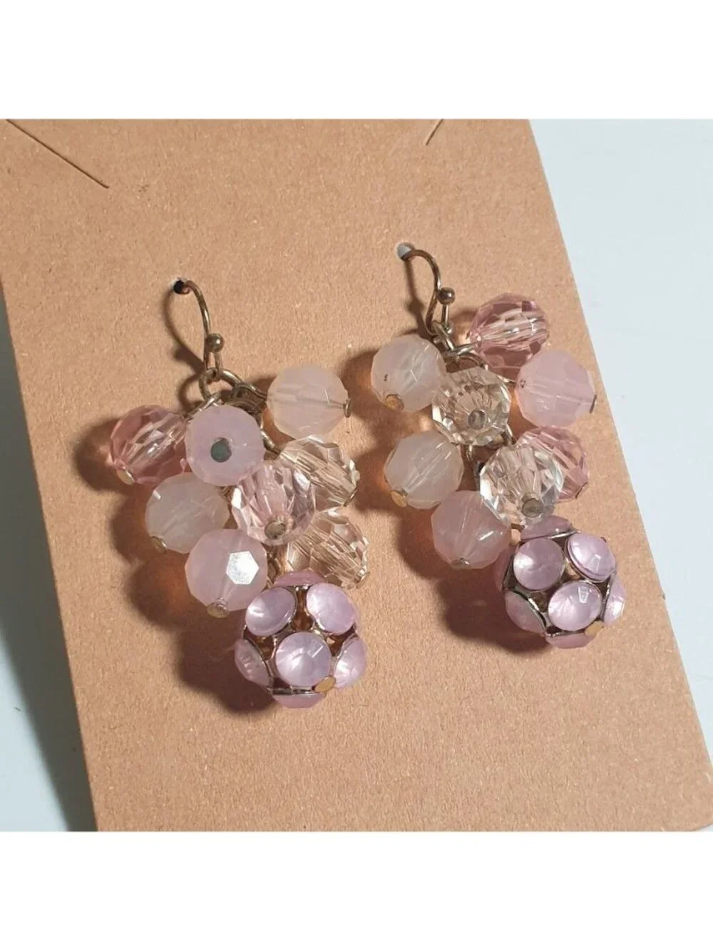 Pink Beaded Drop Earrings Silver Tone Hook Crystal Cluster Lightweight Costume